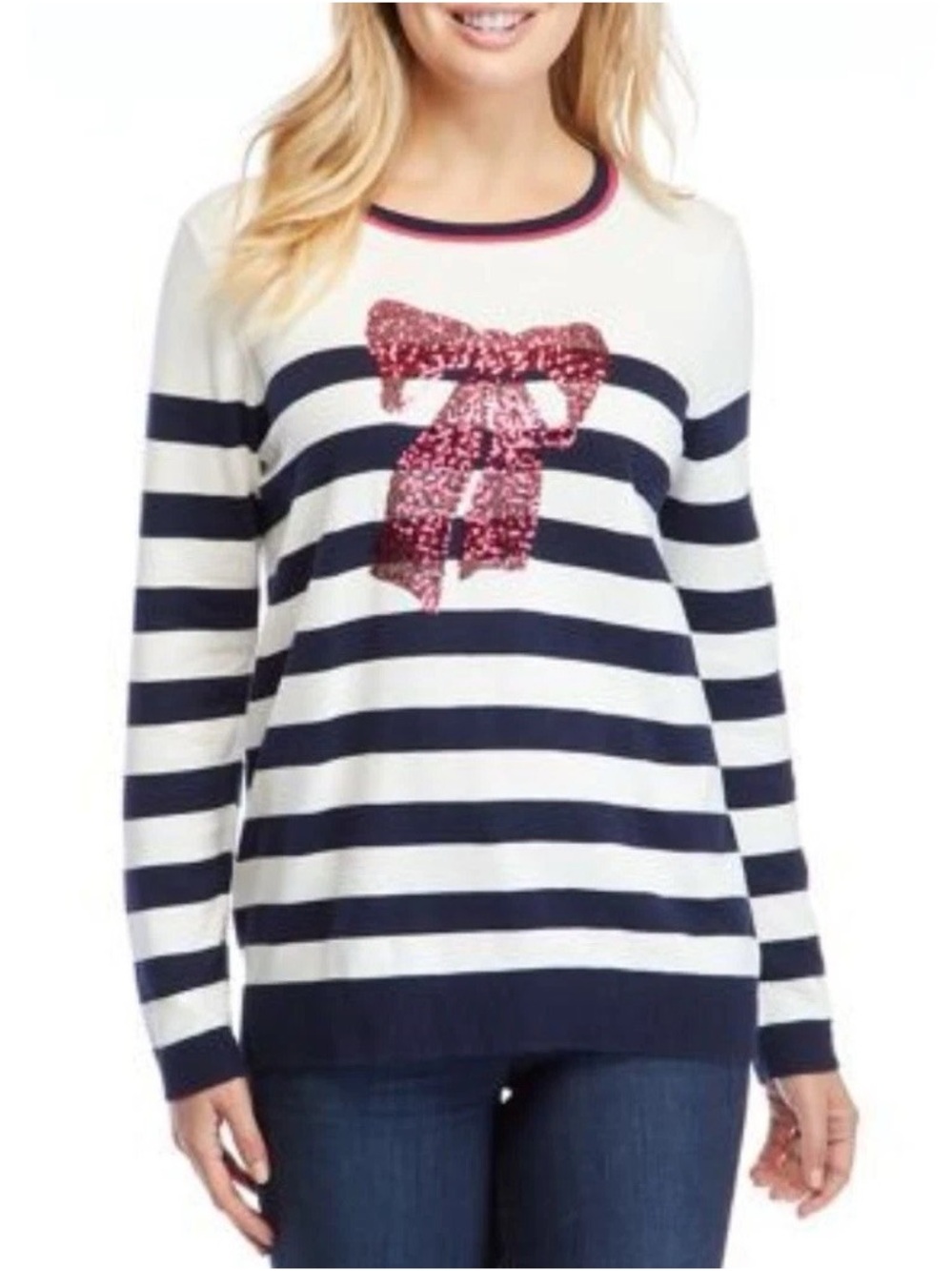 Kim Rogers Sequin Bow Holiday Sweater 1X NWT Navy Blue White Striped Christmas
